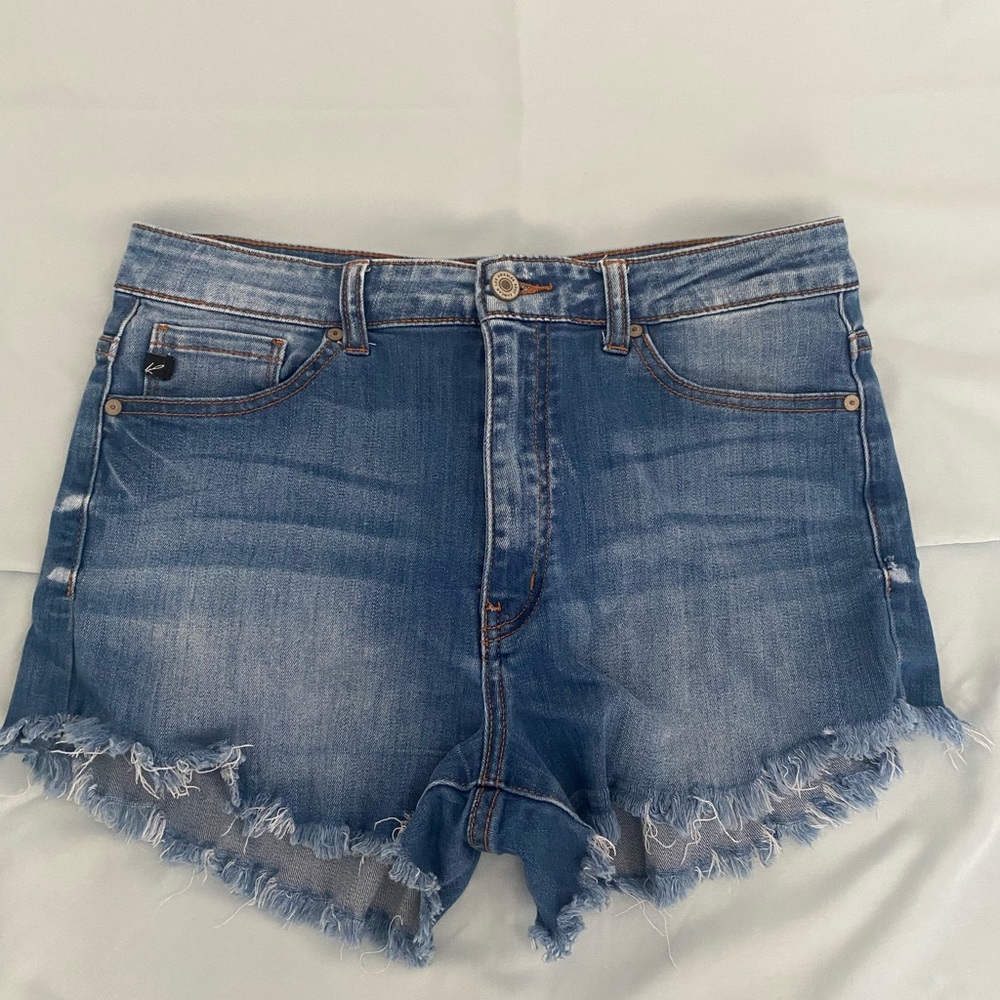 Washed dark blue jean shorts